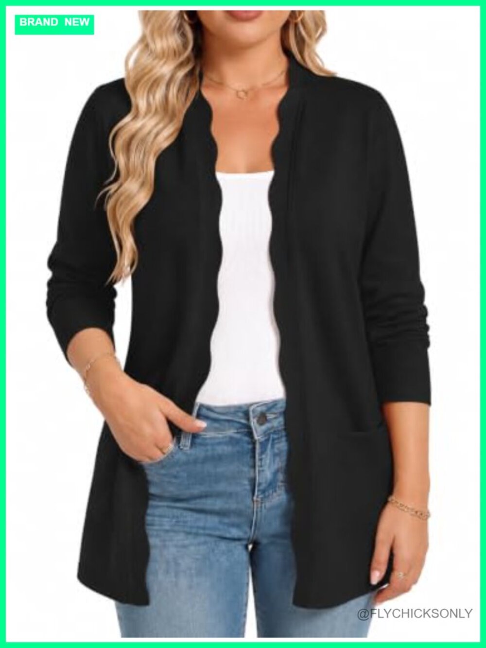 Plus Size Lightweight Long Cardigan Open Front Scalloped Patch Pockets
